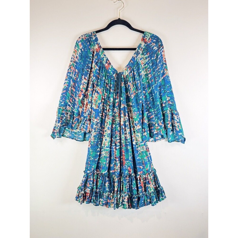 TRYB Womens Dress Blue Mini Abstract Plunge V Neck 3/4 Sleeve A Line Boho Small